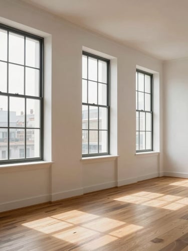 Bright renovated loft with seamless white walls and warm wood flooring, daylight streaming from tall windows, architectural photography.