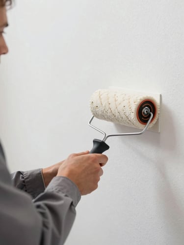 Close-up of a professional craftsman in clean grey workwear using a precision roller on a flawless white wall, sharp focus on the crisp edge, bright natural light