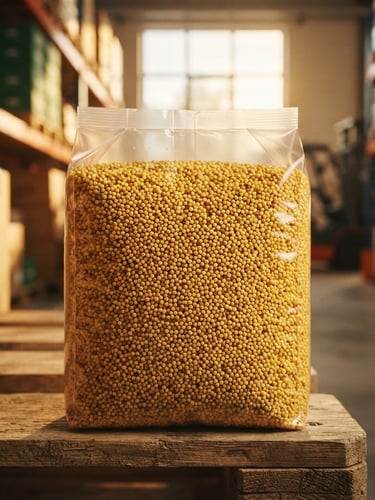 Close-up of raw golden millets in a modern warehouse, clean packaging, sharp detail, warm editorial photography, golden-hour sunlight.