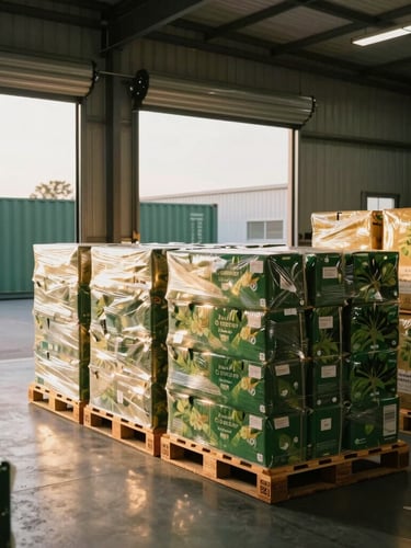 A clean modern warehouse interior with neatly stacked pallets of organic cargo, large open bay doors revealing a waiting shipping container, bright morning light.