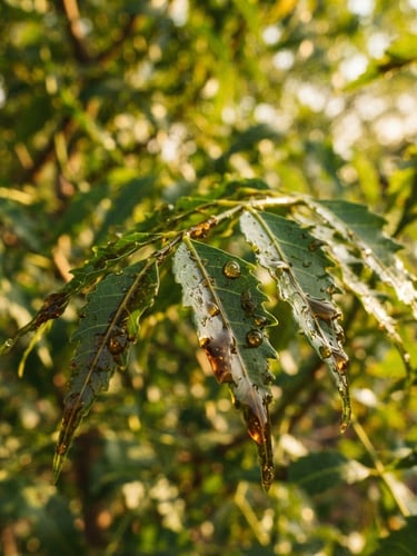 Macro detail shot of rich golden-dark neem oil glistening, sunlit green neem leaves in the background, warm editorial photography, golden-hour sunlight, 35mm lens.