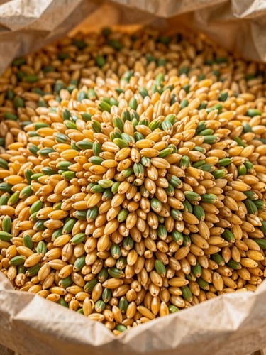 Close-up of golden millet grains overflowing from a multi-wall paper export bag, warm natural lighting, sharp focus on grain texture.