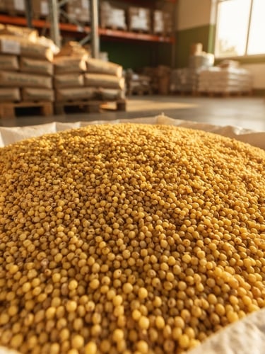 Macro detail shot of raw golden proso millets in a clean modern export warehouse, warm golden-hour side lighting, sharp 35mm lens focus.