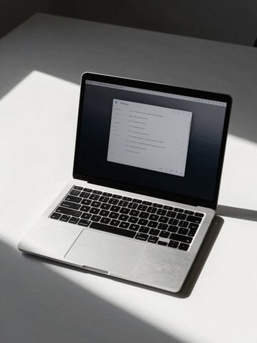 Dead-on flat lay of a minimalist workspace with a laptop displaying a sleek, high-contrast user interface, hard studio shadows.