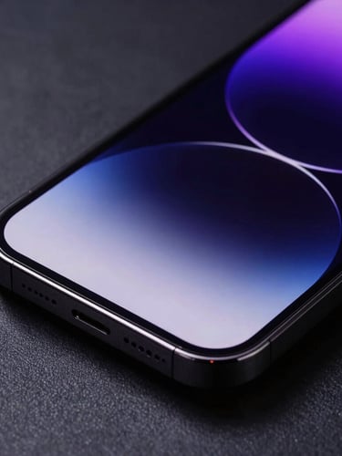 Extreme close-up of a sleek physical smartphone mockup displaying a vibrant purple user interface, hard studio lighting, sharp defined shadows