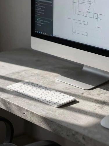 A sharp architectural crop of a modernist design studio workspace, hard daylight casting defined linear shadows across a concrete desk, a single high-end physical screen showing a clean layout.