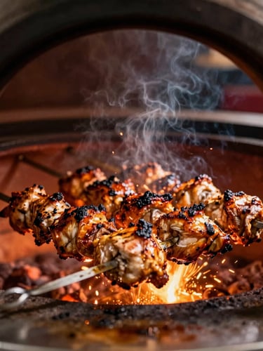 Close-up portrait of a skilled chef working over a glowing tandoor oven, skewered chicken kebabs getting a perfect smoky char, sparks flying, dramatic warm lighting, shallow depth of field.