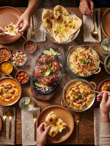 Dramatic overhead shot of a loaded family table with sizzling tandoori chicken, steaming copper bowls of biryani, and fresh butter naan, warm lighting