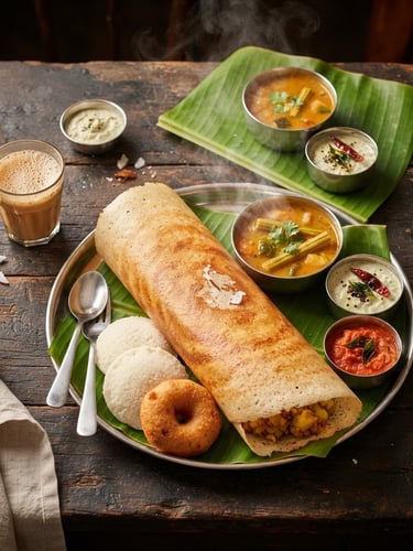Overhead shot of a rich South Indian breakfast spread with golden masala dosa, idli, vada, sambar, and coconut chutneys on a rustic dark surface, warm steam rising