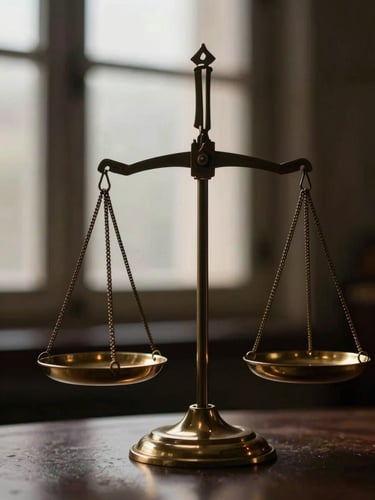 Macro close-up of heavy brass scales of justice reflecting soft directional window light, dark shadow background, dramatic chiaroscuro.