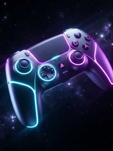 3d render of a glowing futuristic gaming controller floating in zero gravity, high-contrast neon purple and electric cyan rim lighting, deep cosmic black background, dynamic off-axis angle