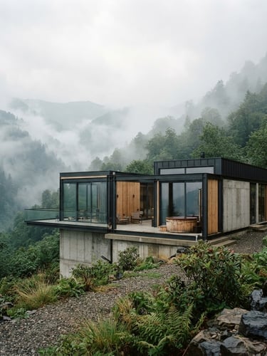 Wide environmental shot of a minimalist steel-framed modular home integrated into a misty mountain landscape in northern Turkey, natural daylight, desaturated concrete tones, 35mm
