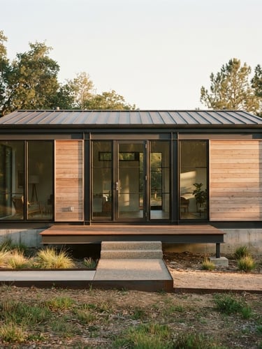 Straight-on architectural elevation of a minimalist steel-framed modular home, natural golden hour daylight casting soft shadows, concrete and warm wood textures, 35mm