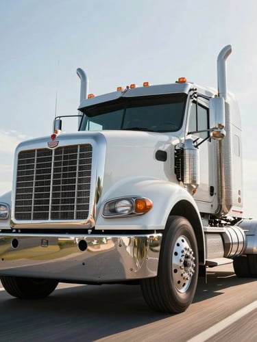 Low-angle heroic shot of a clean 18-wheeler rig on an open highway under bright morning sun, focusing on the chrome grille and high-contrast details.
