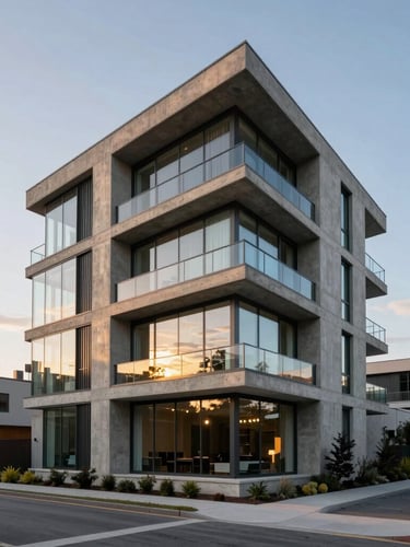 Extreme wide angle of a modern concrete and glass residence in Toronto at dusk, soft golden light reflecting on polished surfaces, minimalist landscaping, architectural framing.
