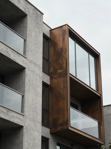Tight abstract crop of raw concrete meeting bronze-tinted glass on a modern residential facade, soft overcast daylight.