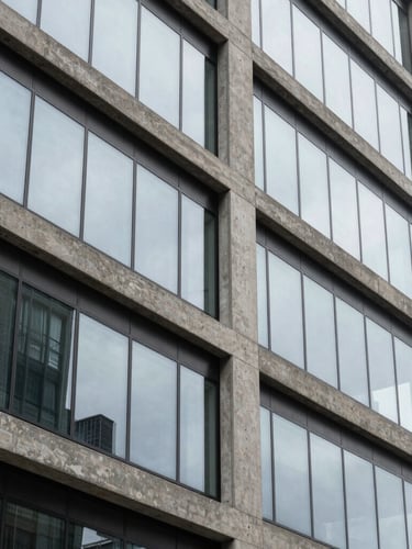 Tight abstract architectural crop of a modern concrete and glass facade in Toronto, sharp angles, soft overcast daylight reflecting off the glass panes.