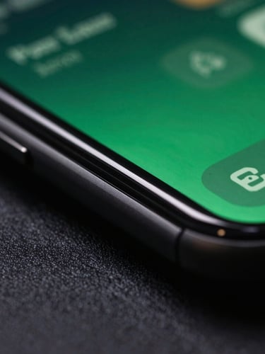 Extreme close-up macro shot of a high-refresh-rate mobile screen displaying fluid UI transitions, glowing green light reflecting off a dark physical bezel, low-key dramatic studio lighting.