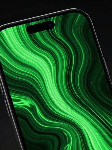Extreme close-up of a high-refresh-rate mobile screen displaying fluid ferrofluid-like digital patterns in electric green, low-key high-contrast studio lighting, dramatic screen-glow, portrait aspect