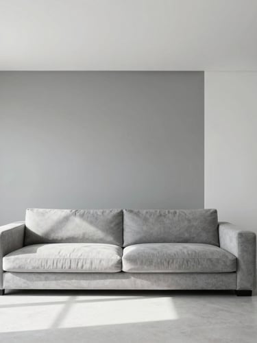 Architectural photography of a modern minimalist living room, clean industrial grey and crisp white tones, sharp focus, 35mm lens