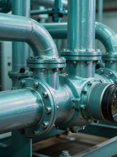 Close-up of industrial HVAC chiller plant piping, high-contrast cyan lighting, teal metallic surfaces