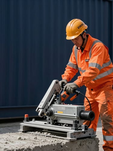 Pristine industrial site with an engineer wearing high-visibility orange PPE and safety helmet operating a heavy duty concrete wall saw