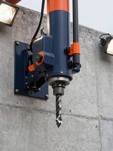 Active diamond core drilling rig mounted on a reinforced concrete wall, clean circular water-cooled cutting action, sharp focus on the diamond bit, dramatic site floodlights.