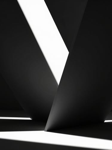 A dramatic monochrome 3D render of sharp geometric monoliths casting deep architectural shadows, studio chiaroscuro lighting, high contrast, pure black and white.
