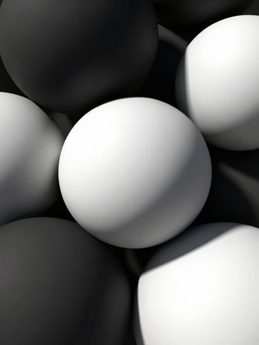 Abstract architectural composition of intersecting matte black and polished white spheres, sharp contrasting lines, dramatic overhead chiaroscuro light.