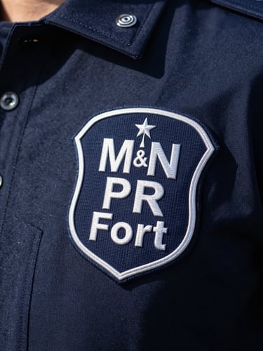 Close-up of a clean, dark blue security uniform badge with M&R Fort lettering, sharp daylight lighting, emphasizing institutional authority and discipline.