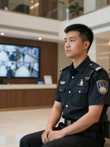 Medium shot of a uniformed security concierge in a modern, clean condominium lobby, sitting upright, monitoring security screens with professional posture.