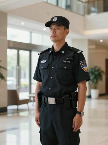 Medium shot of a professional security guard in a crisp dark uniform standing at attention inside a modern, brightly lit condominium lobby, sharp focus, authoritative stance.