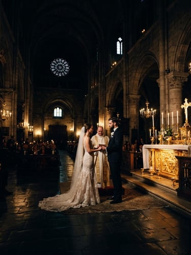 Dramatic wide-angle wedding ceremony in an ancient stone cathedral, low-key chiaroscuro lighting, deep shadows, rich gold accents, 35mm cinematic photography