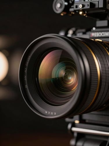 Dramatic close-up of a high-end cinema camera lens on a dark film set, low-key studio lighting, rich gold accents on the lens ring, anamorphic lens flare