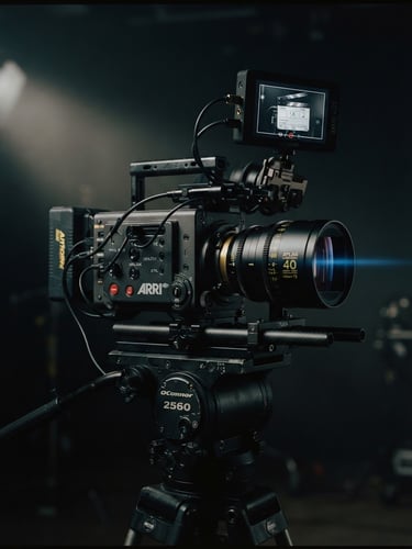 Dramatic low-key studio lighting on a high-end cinema camera, anamorphic lens reflections, deep charcoal background, 35mm cinematic editorial photography