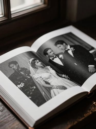Close-up of a premium leather-bound wedding album being opened, revealing a high-contrast black and white master print, soft dramatic window light, 35mm cinematic photography