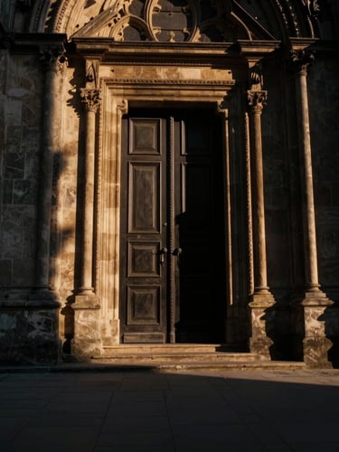 Dramatic low-angle shot of a classic stone cathedral doorway during golden hour, long shadows, cinematic editorial style, 35mm