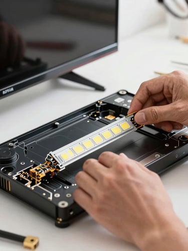 Close-up of a technician's hands carefully replacing a LED backlight strip inside a disassembled modern flat-screen television, bright workspace lighting, tools nearby.