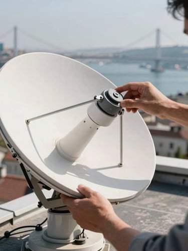 Close-up of a technician hands aligning a satellite dish on an Istanbul rooftop, background showing the distant Bosphorus bridge, bright daylight.