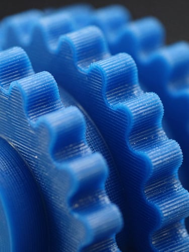 Extreme macro close-up of a high-precision 3D printed gear, showing flawless blue filament layer lines, cool studio lighting, shallow depth of field