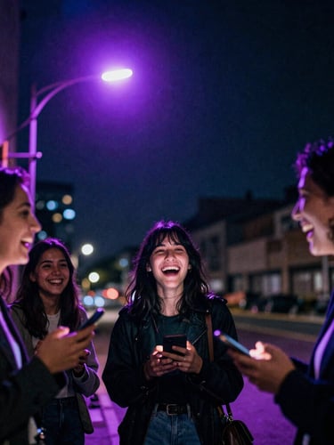 Candid dynamic shot of friends laughing under neon violet streetlights, holding phones, moody night photography, 35mm film style.