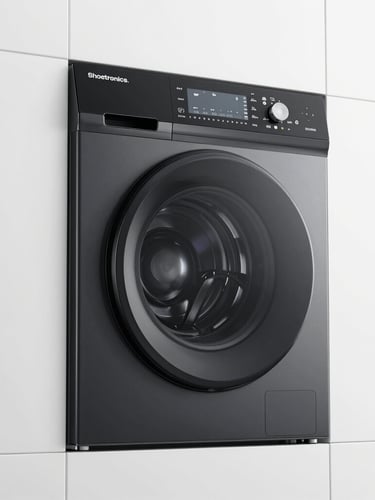 Studio lighting on a high-fidelity 3D CAD render of the Shoetronics appliance, showing its obsidian black chamber and clean geometric profile.