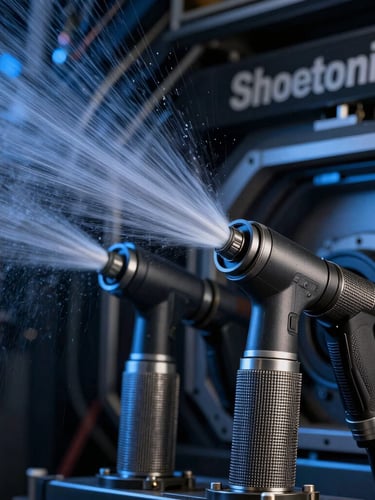 Extreme macro shot of high-pressure cleaning nozzles inside the Shoetronics chamber, fine mist suspended in air, dramatic blue studio lighting highlighting mesh textures.