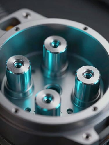 Extreme close-up of a high-fidelity 3D CAD render of the Shoetronics internal chamber, sharp directional cyan light reflecting off metallic nozzles, dark background.