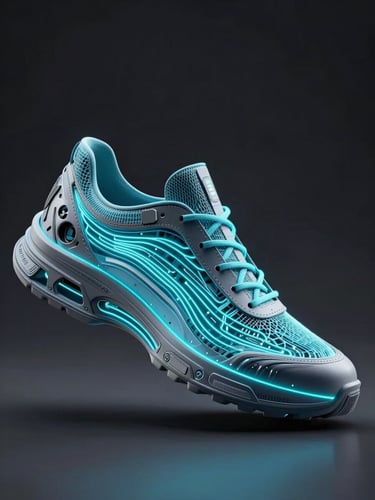 High-fidelity 3D CAD render of the Shoetronics appliance internal chamber, sharp technical lines, electric cyan laser lines tracing a shoe silhouette, dark background with directional studio lighting.