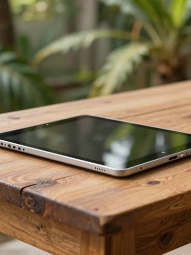 Close-up of a student tablet resting on a reclaimed teak desk, soft tropical garden greenery blurred in the background, warm natural light