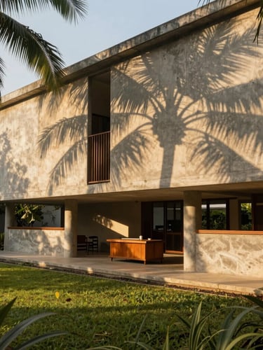 Wide environmental shot of Geoffrey Bawa-inspired campus architecture, tropical modernist concrete walls casting dramatic shadows, teak desk visible through open pavilion, warm golden-hour tropical sunlight.