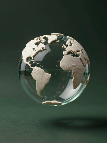 A sleek 3D glass-and-clay geometric structure symbolizing global pathways and architectural growth, floating over a dark green background, high contrast, elegant lighting.