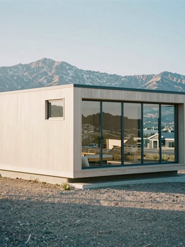 Wide shot of a minimalist modern wood and glass retreat nestled in the Salt Lake City mountains, soft morning daylight, cool shadows, editorial film photography, 35mm lens