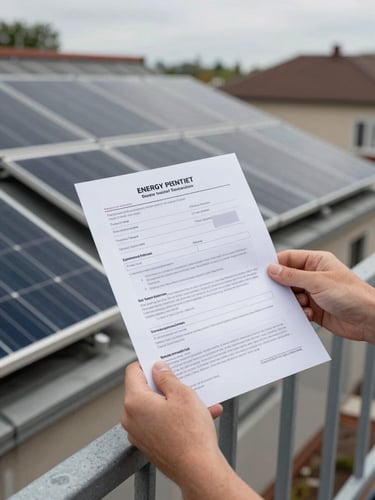 Human hands holding printed energy permit documentation over a residential rooftop railing, solar panels visible in soft focus in the background, north-facing overcast daylight, close-medium framing showing document text and installation hardware simultaneously